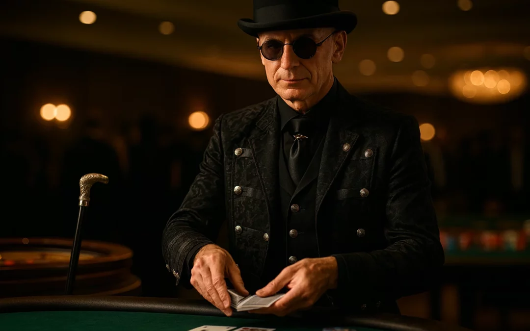 Illustration d'une soirée casino en entreprise avec un magicien élégant manipulant des cartes sur une table de jeu